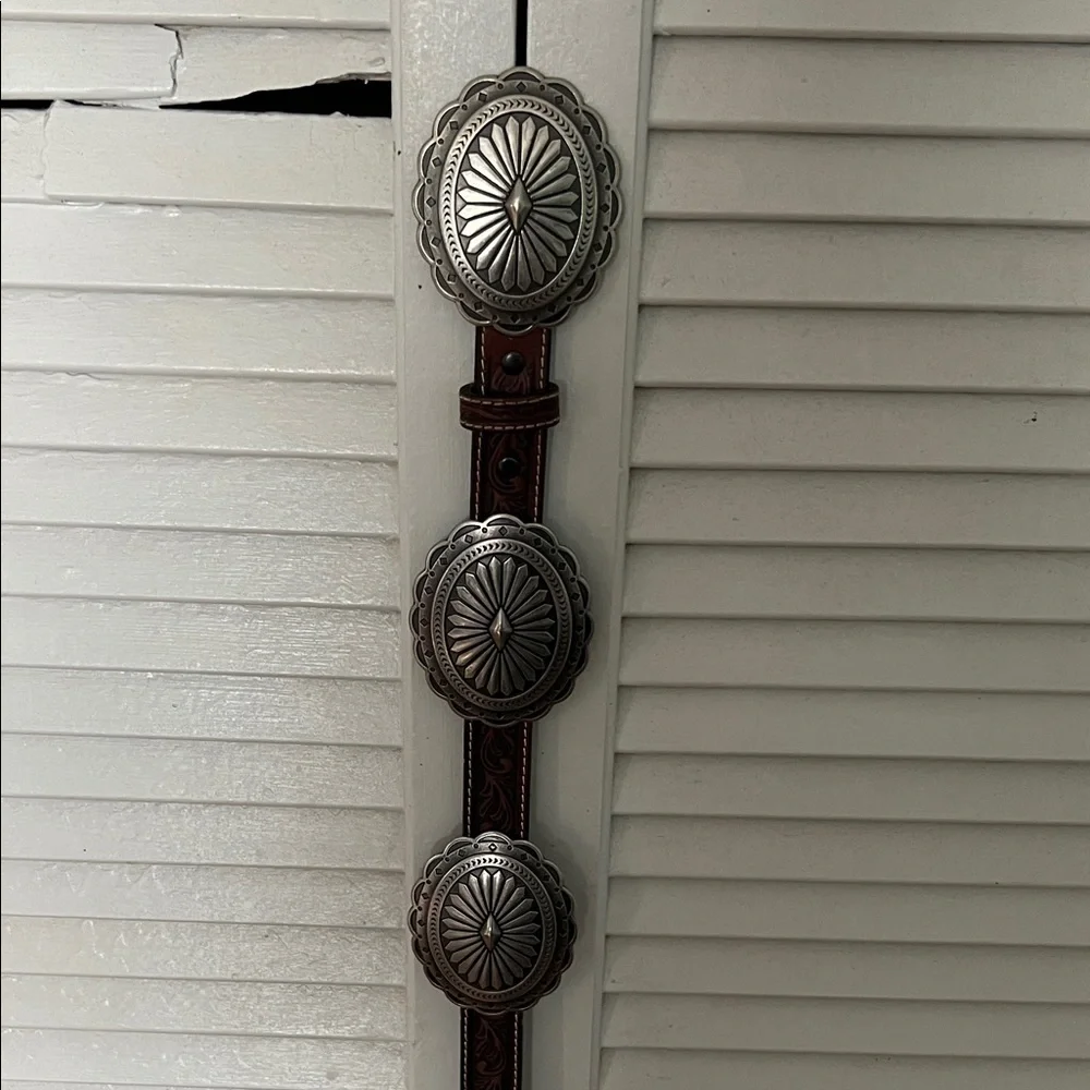 Western Silver Concho Wall Decor Belt - Brown Leather with Silver Accents